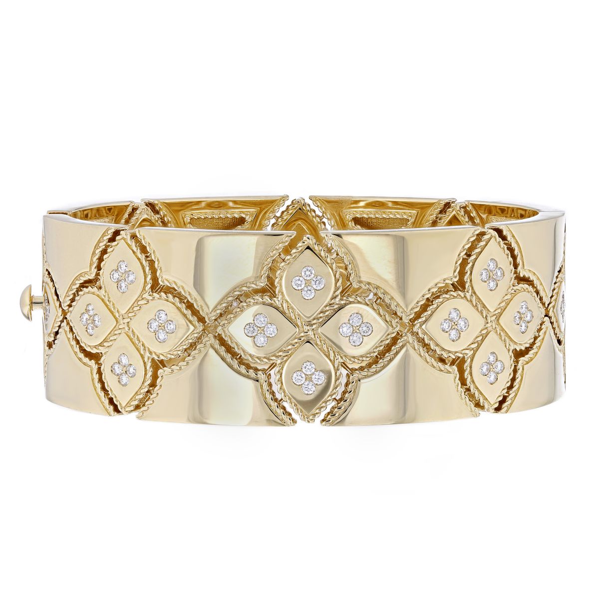 Roberto Coin Venetian Princess Wide Yellow Gold High Polish Bangle Bracelet with Diamond Accent