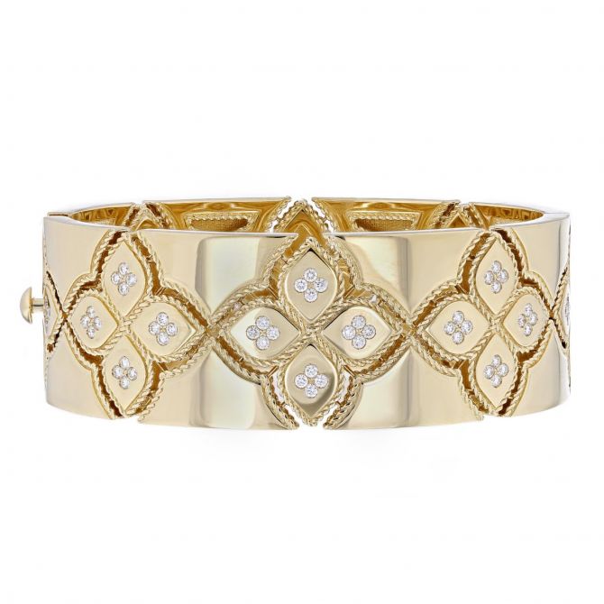 Roberto Coin Venetian Princess Wide Yellow Gold High Polish Bangle Bracelet with Diamond Accent
