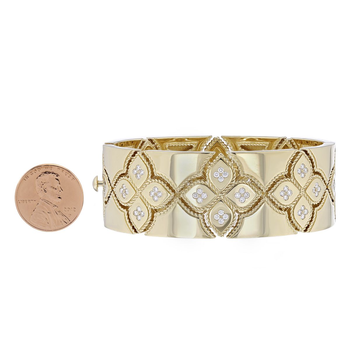 Roberto Coin Venetian Princess Wide Yellow Gold High Polish Bangle Bracelet with Diamond Accent