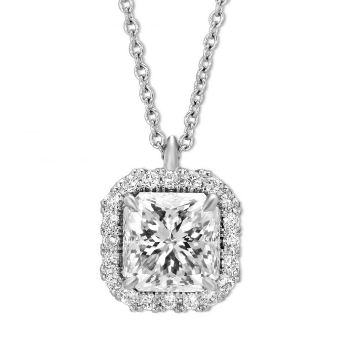 Cut Corner Princess Diamond Pendant with Halo in White Gold