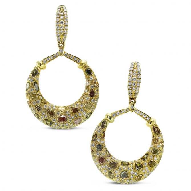 18K Yellow Gold Brown and White Diamond Drop Earrings