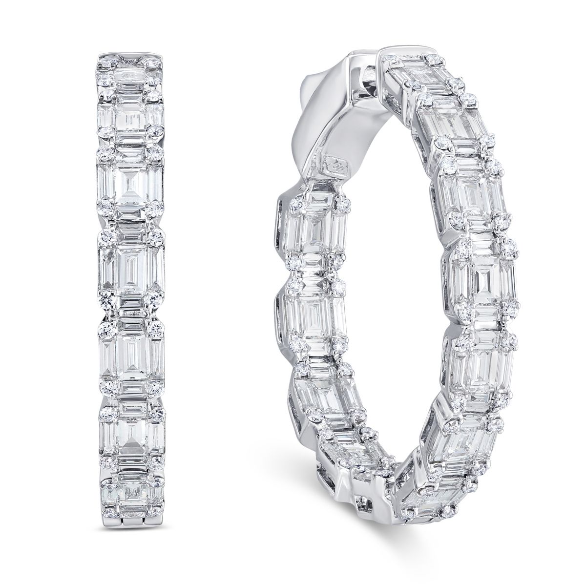 18K White Gold Round & Baguette Diamond Hoop Earrings Borsheims