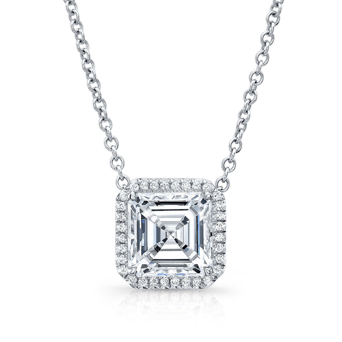 18K White Gold Asscher Cut & Round Diamond Halo Necklace