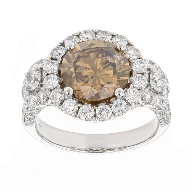 18K White Gold Orange-Brown & White Diamond Halo Ring