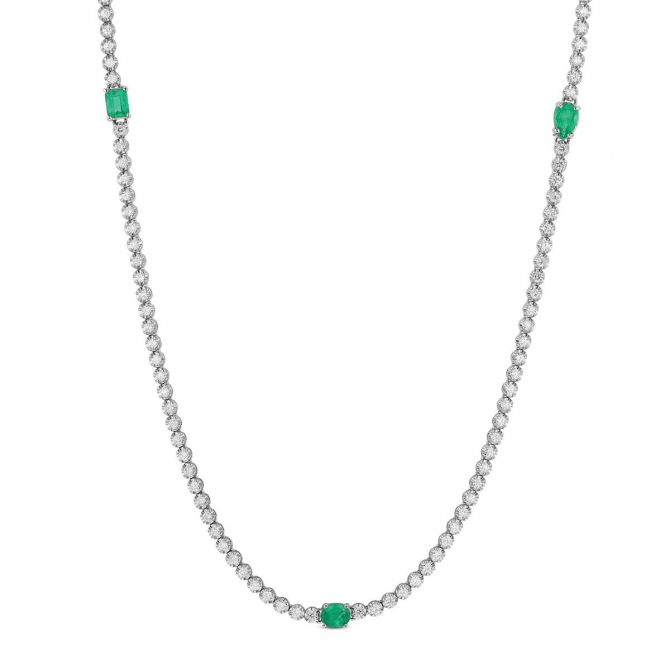 18K White Gold Emerald & Diamond Necklace, 33"