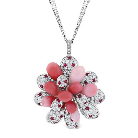 Conch Pearl Diamond Ruby Pendant Necklace With Double Strand White Gold Chain By Tara Pearls Borsheims - Pink Ruby Pendant White Gold Conch Pearl Diamond Ruby Pendant Necklace With Double Strand White Gold Chain By Tara Pearls Borsheims - Pink Ruby Pendant White Gold