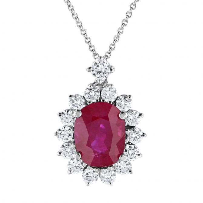 18K White Gold Oval Burmese Ruby & Diamond Halo Pendant, 16"