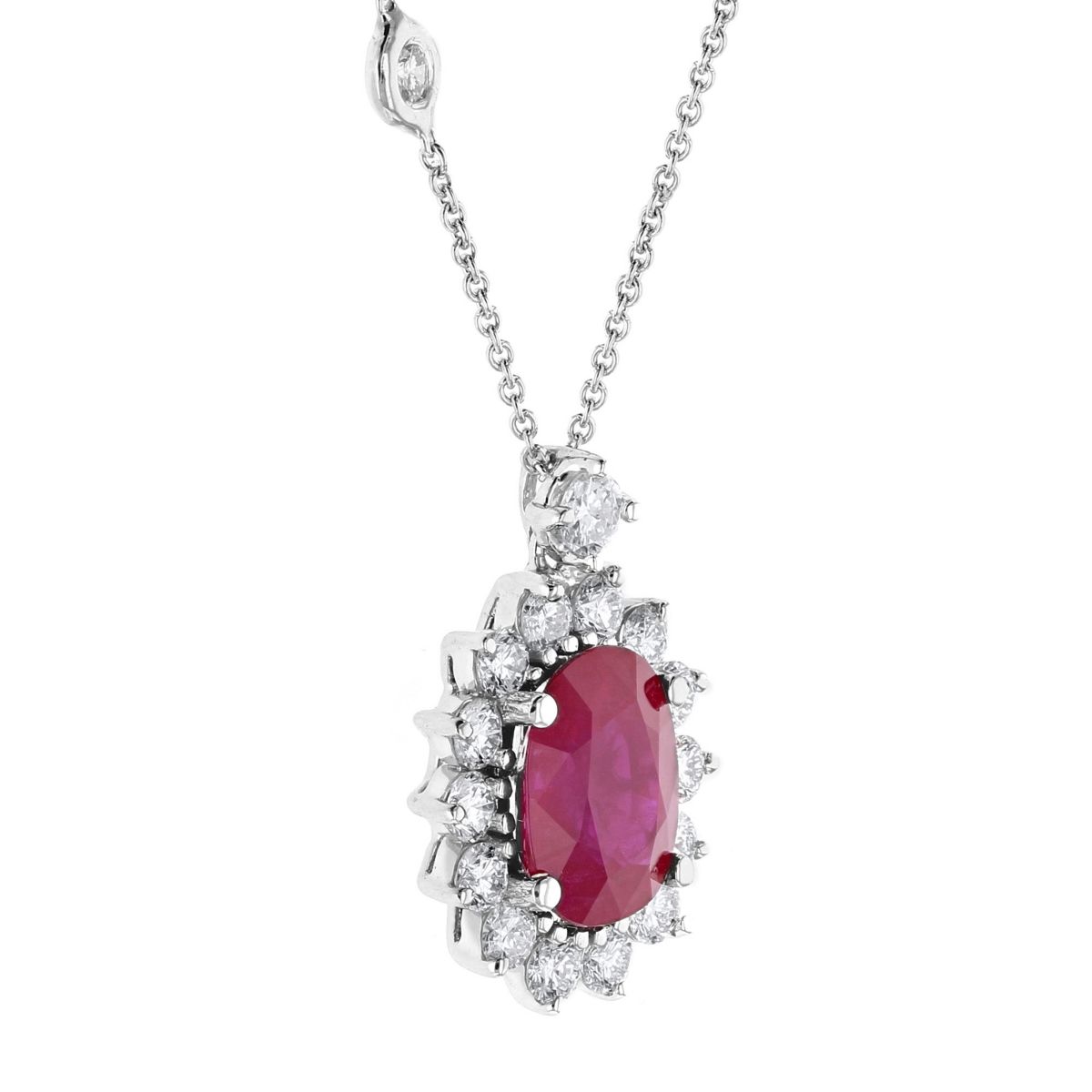 18K White Gold Oval Burmese Ruby & Diamond Halo Pendant, 16