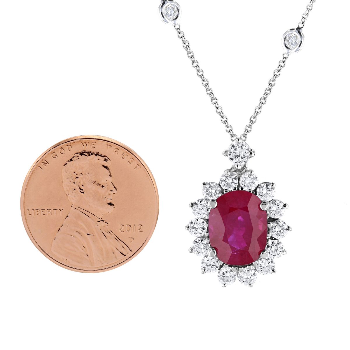 18K White Gold Oval Burmese Ruby & Diamond Halo Pendant, 16