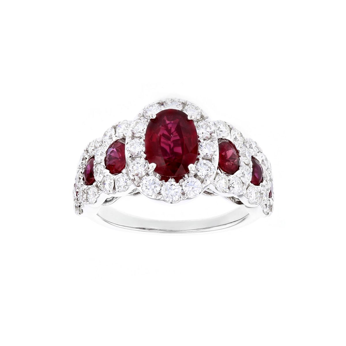 18K White Gold 7 Stone Ruby & Diamond Halo Ring