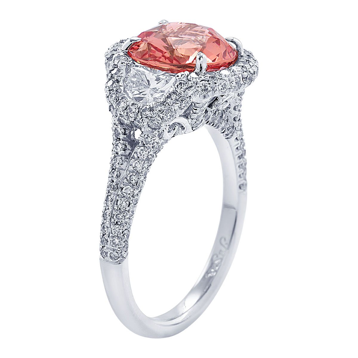 J.B.  Star Platinum Oval Padparadscha Sapphire & Diamond Ring