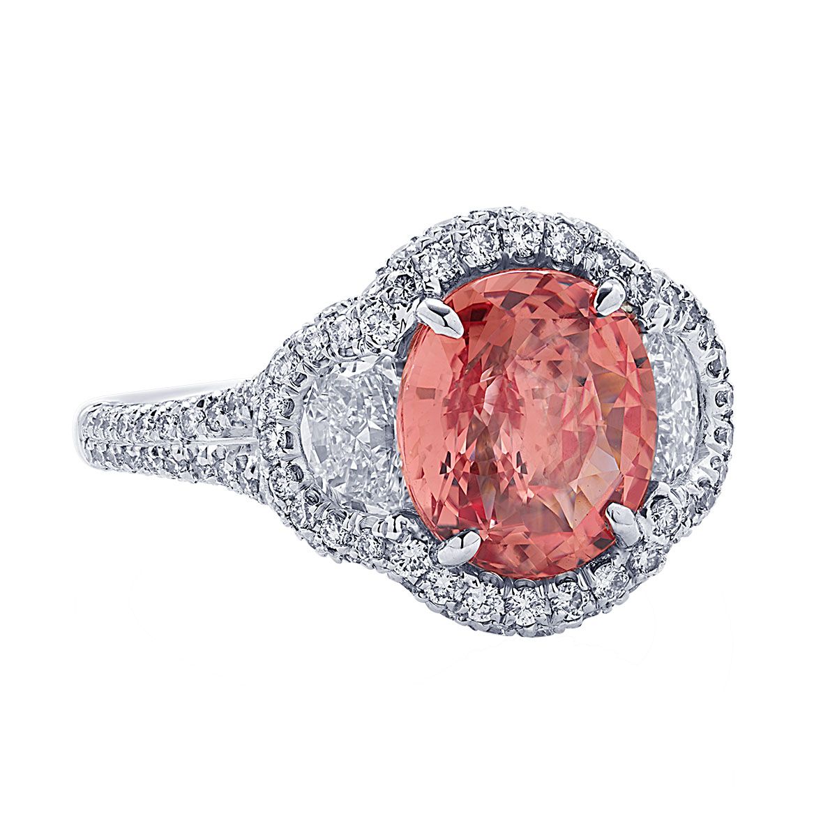 J.B.  Star Platinum Oval Padparadscha Sapphire & Diamond Ring