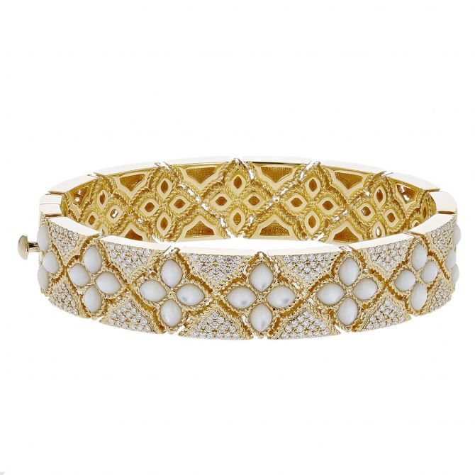 Roberto Coin Venetian Princess Yellow Gold Bangle Bracelet with Mother of Pearl & Diamonds