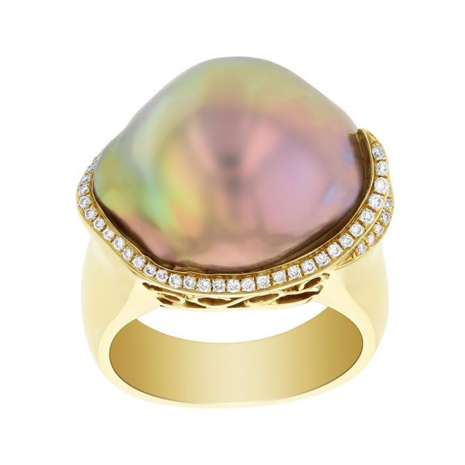 TARA Pearls 18K Yellow Gold Pastel Freshwater Baroque Cultured Pearl & Diamond Ring