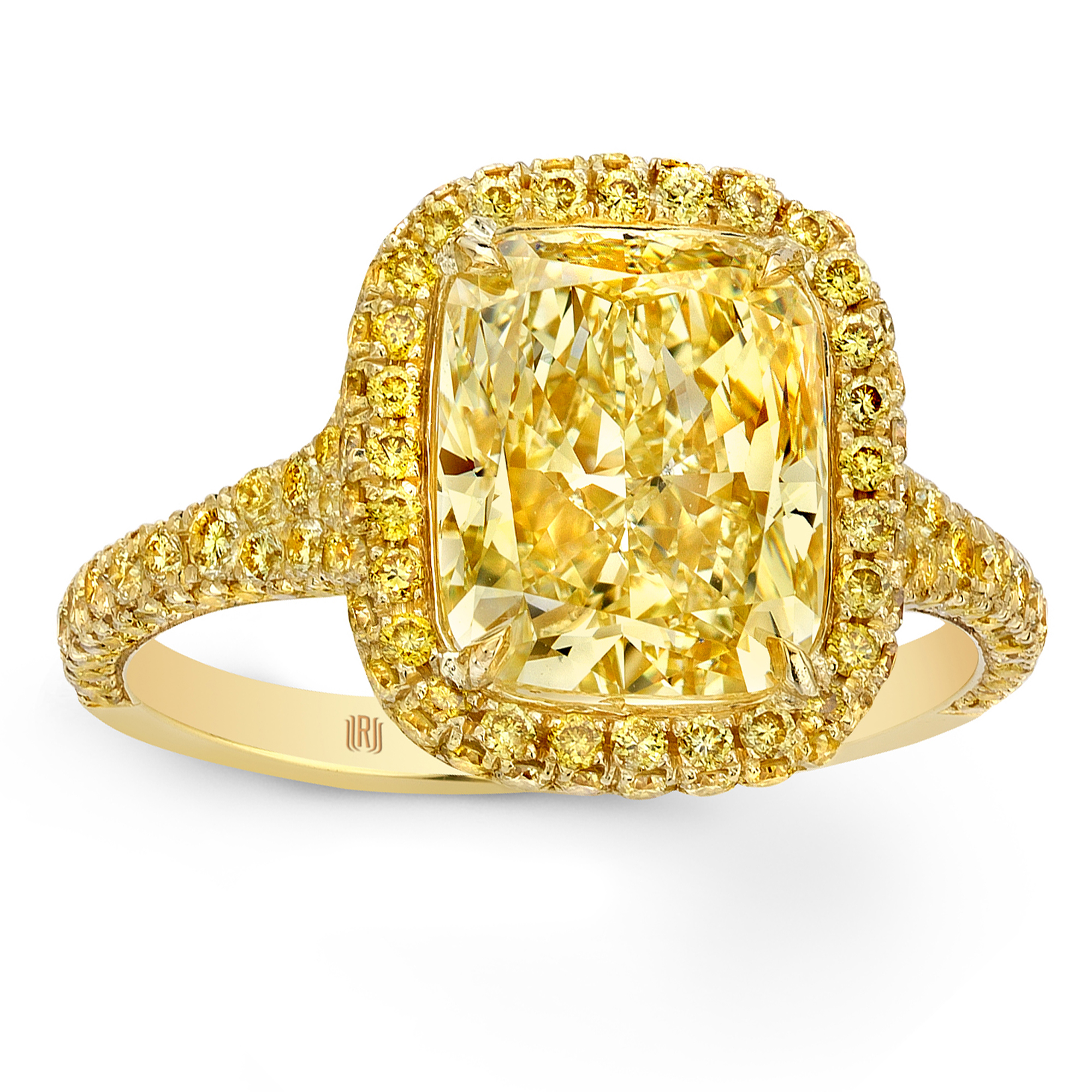 18K Yellow Gold Fancy Yellow Cushion Diamond Pavé Halo Ring