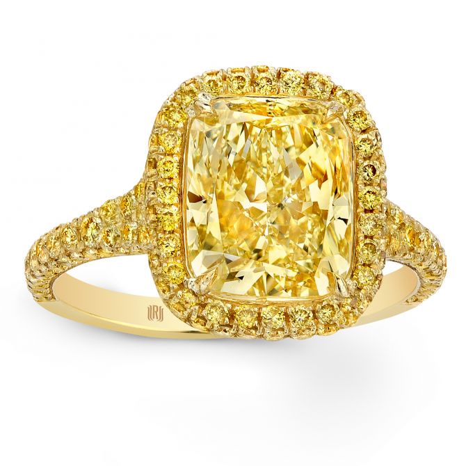18K Yellow Gold Fancy Yellow Cushion Diamond Pavé Halo Ring