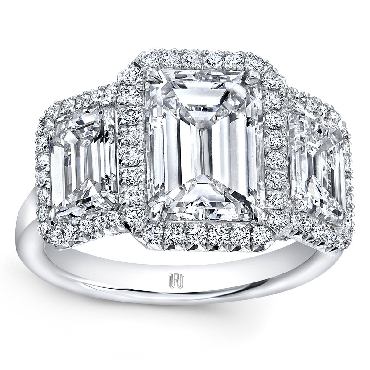 18K White Gold Emerald Cut Diamond 3 Stone Halo Ring Borsheims