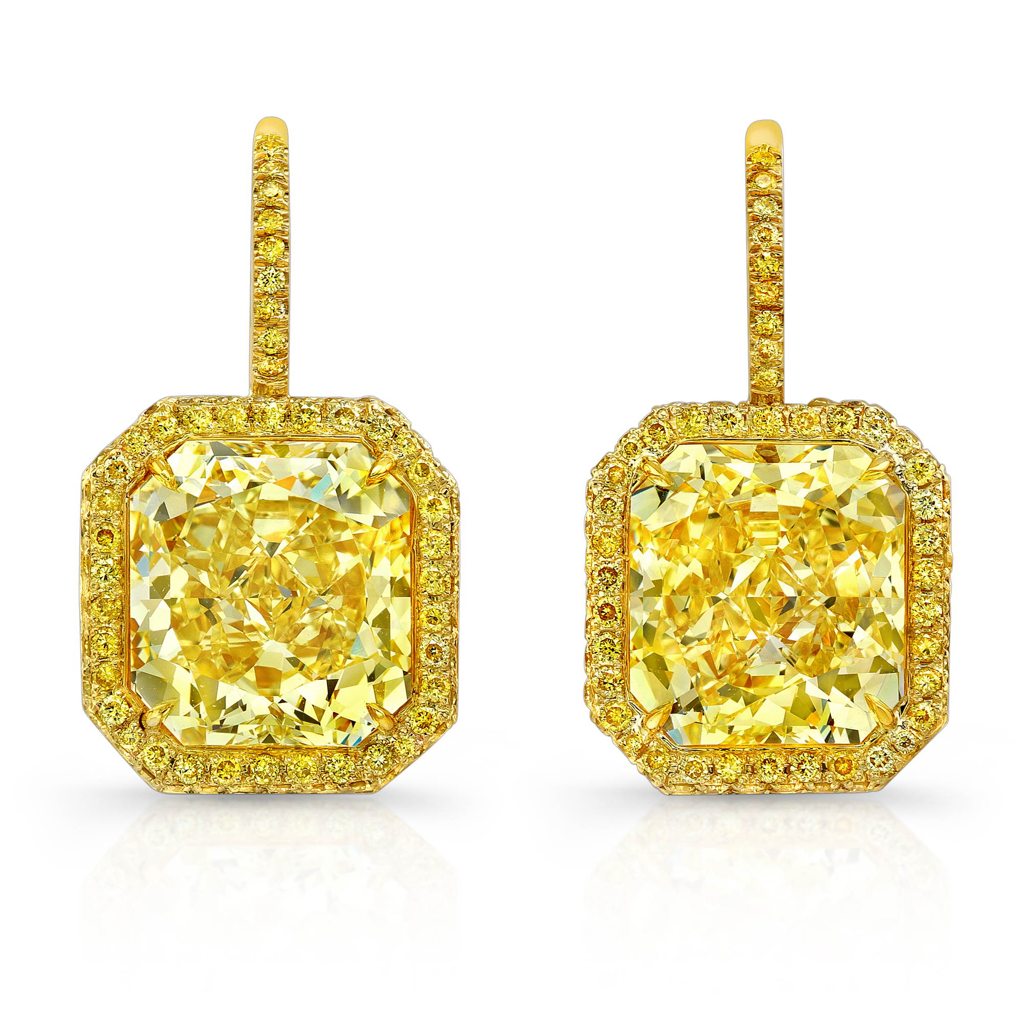 18K Yellow Gold Yellow Radiant Diamond Earrings and Yellow Round Diamond Halo Earrings