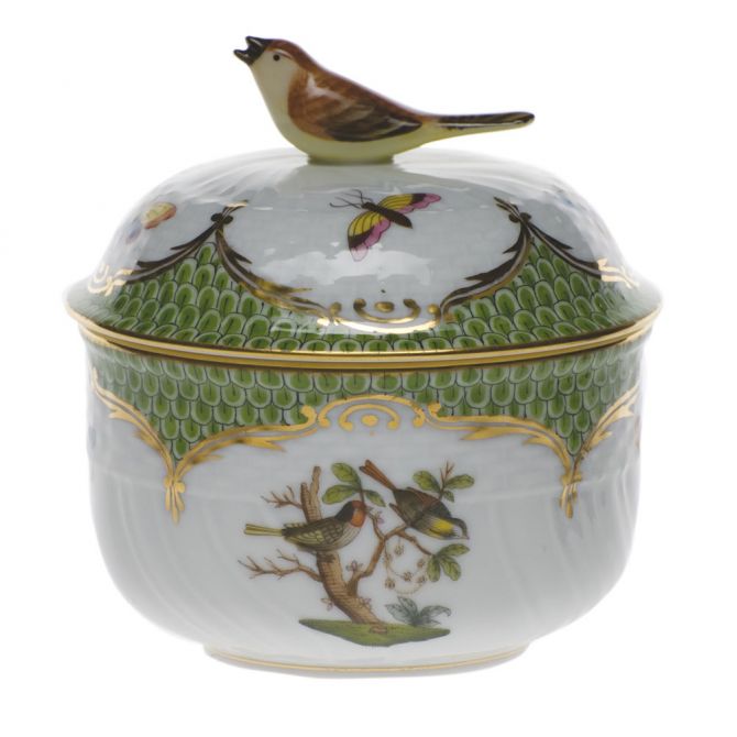Herend Rothschild Bird Green Border Covered Sugar with Bird, 6 oz