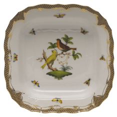 Herend Rothschild Bird Brown Border Square Fruit Dish