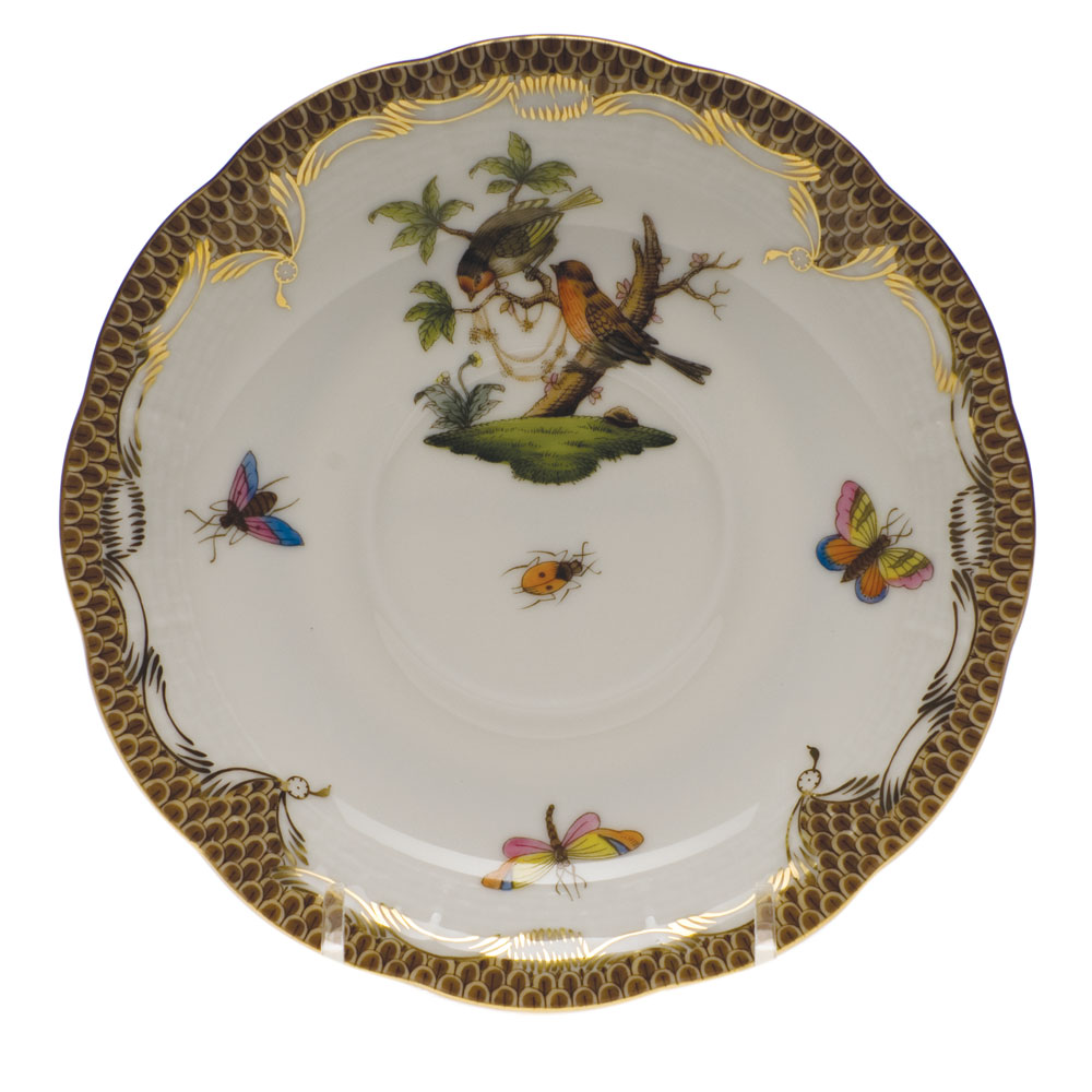 Herend Rothschild Bird Brown Border Tea Saucer, Motif 10