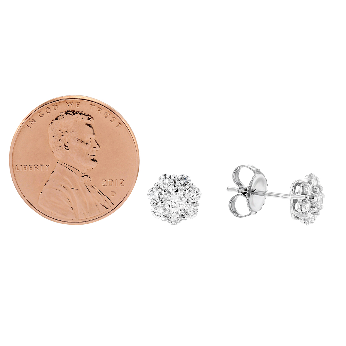 14K White Gold Lab Grown Diamond Cluster Post Earrings, 0.96cttw