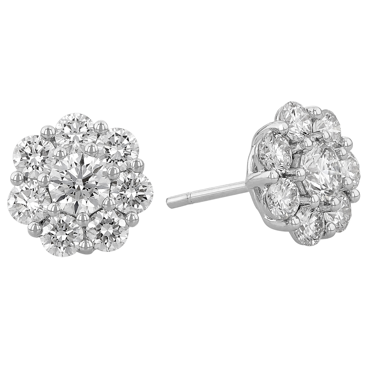 Lab Grown Round Diamond Cluster Stud Earrings in White Gold, 1.96 cttw