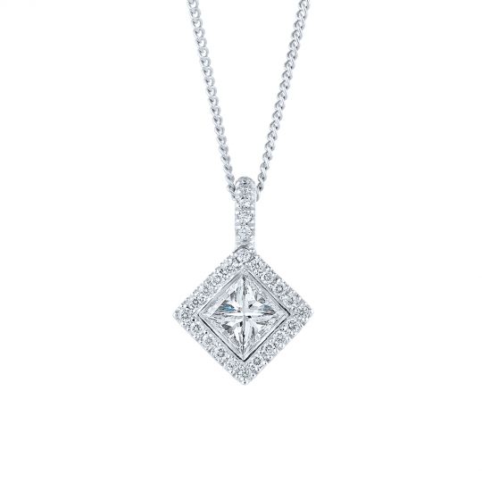 Kwiat Princess Cut Diamond Halo Pendant In White Gold Borsheims - Princess Cut Diamond Pendant Designs