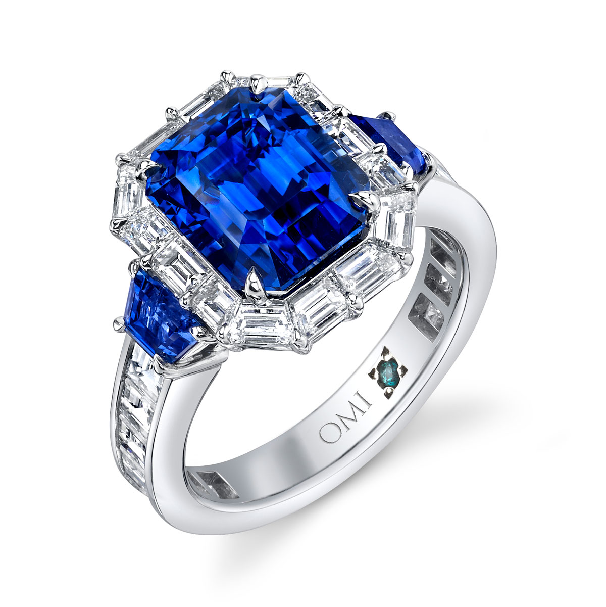 Omi Prive Emerald Cut Sapphire Ring With Diamond Baguette Halo in Platinum