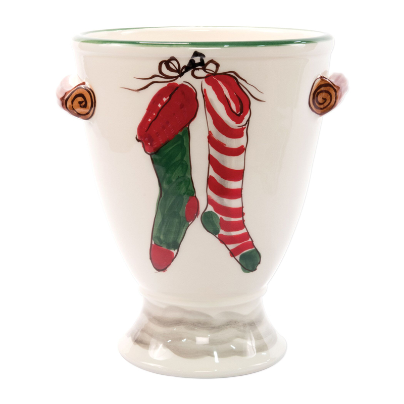 Vietri Old St. Nick Footed Jar with Chimney & Stockings