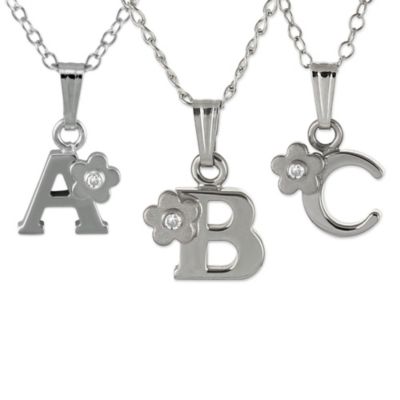 Sterling Silver Diamond Flower Initial Children's Pendants, 16"