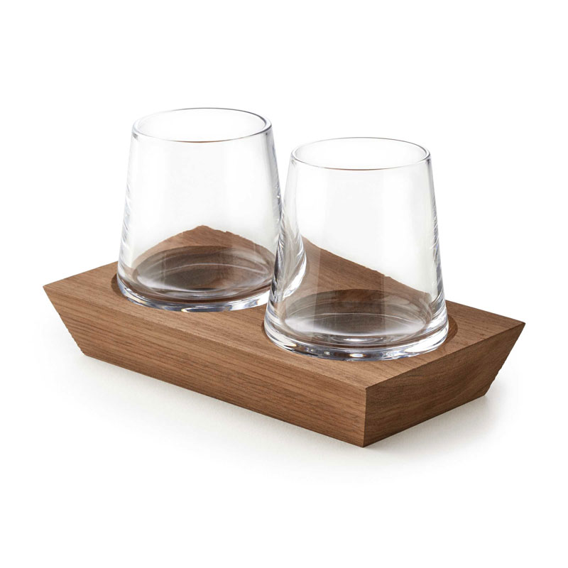 Simon Pearce Alpine Whiskey Glass Set of 2 with Wood Base